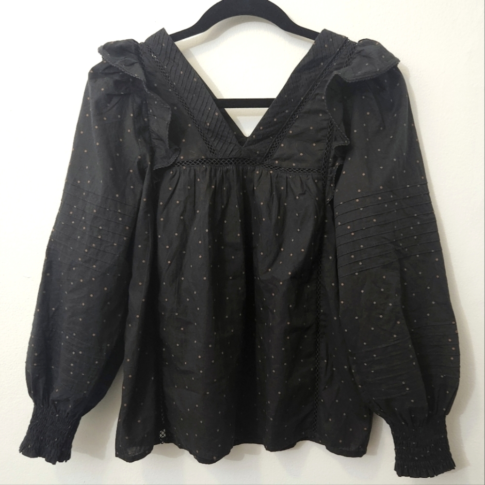 Madewell Ruffle Trim Lace Insert Gathered Sleeve Black & Brown Polka Dot Top